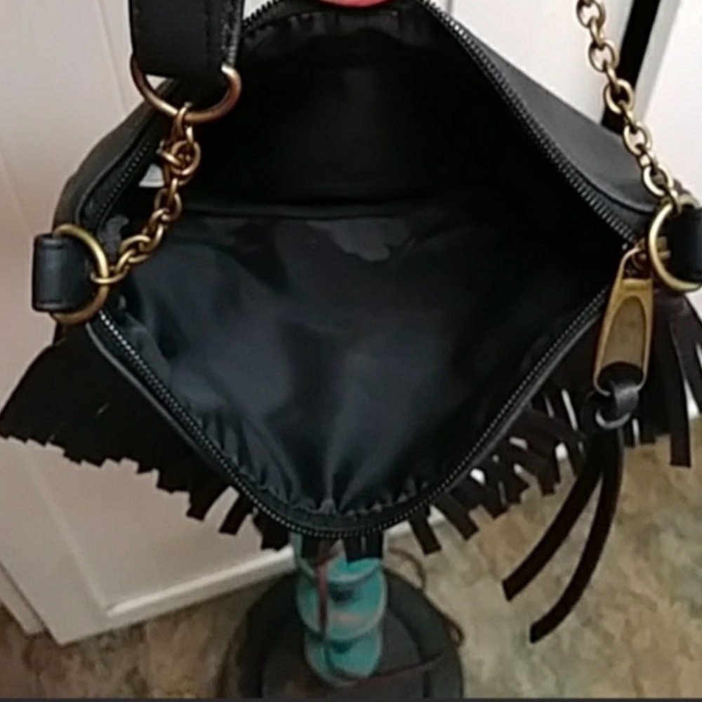 Brea Boho Chic Black Fringe Crossbody Bag With Gold Hardware - Picture 3 of 16